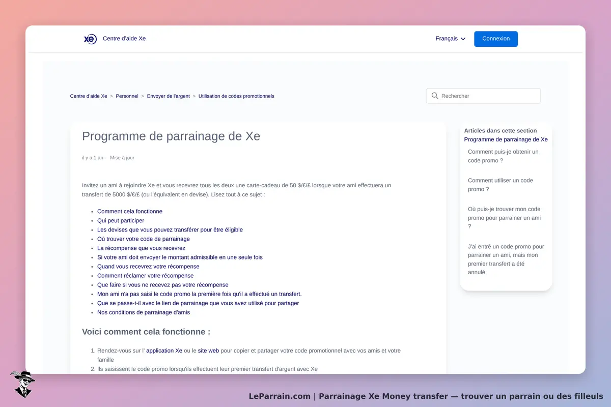 Xe Money transfer : xe : page d'aide sur le programme de parrainage avec liste de questions