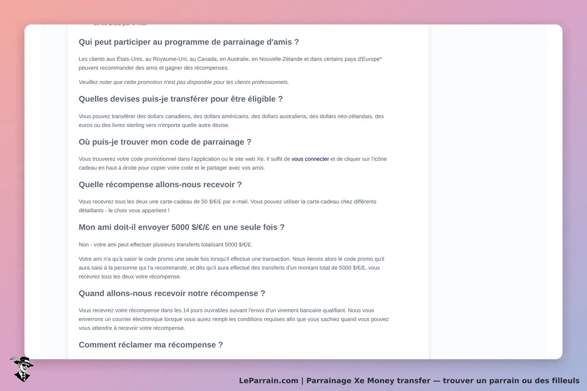 Xe Money transfer : section FAQ sur le programme de parrainage avec plusieurs questions affichées