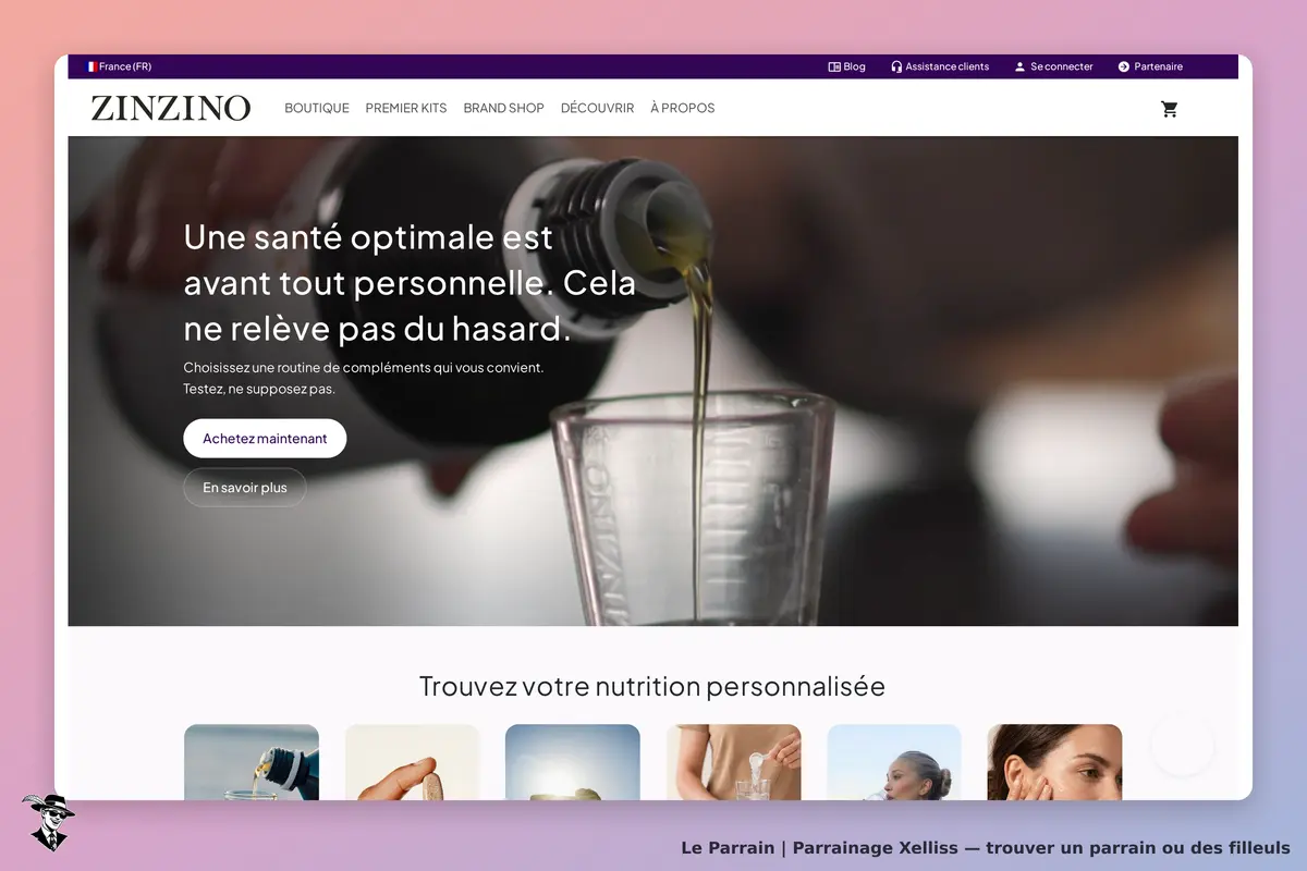 Xelliss : zINZINO : page d'accueil avec un verre et un flacon versant un liquide, message sur la
