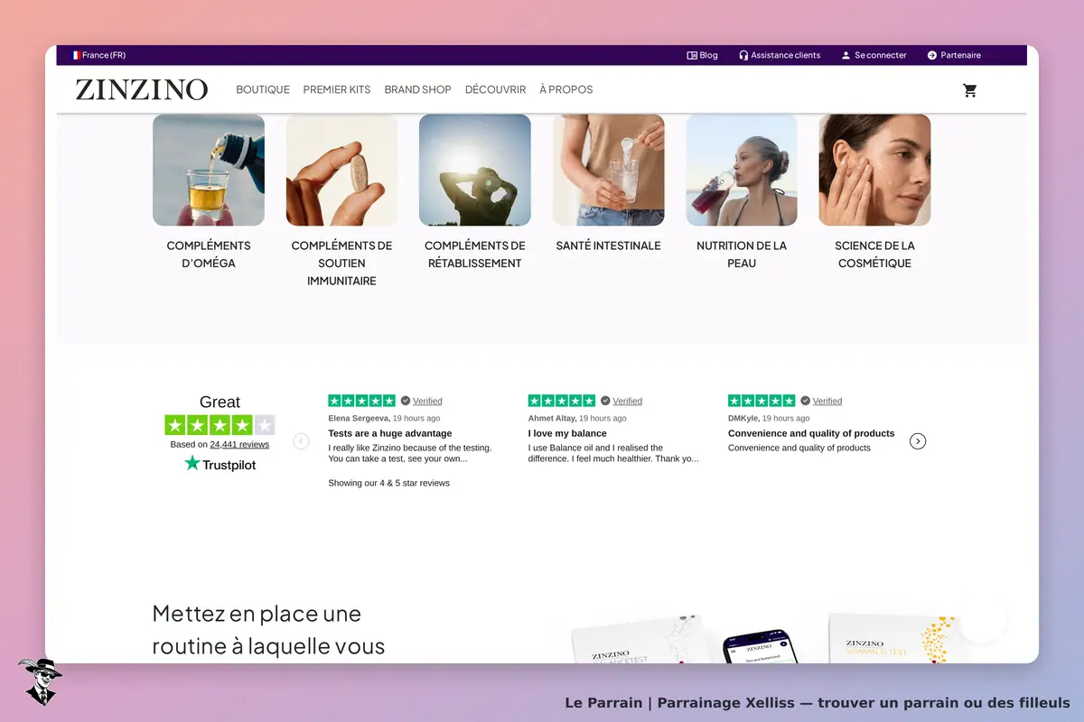 Xelliss : zINZINO : page d'accueil avec catégories de produits et avis clients affichés