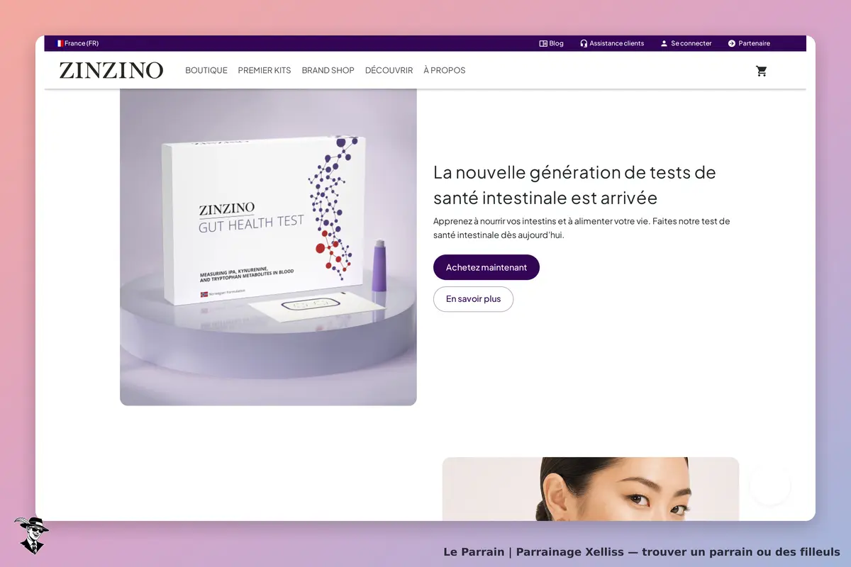 Xelliss : zINZINO : page d'accueil présentant le test de santé intestinale avec un visuel du