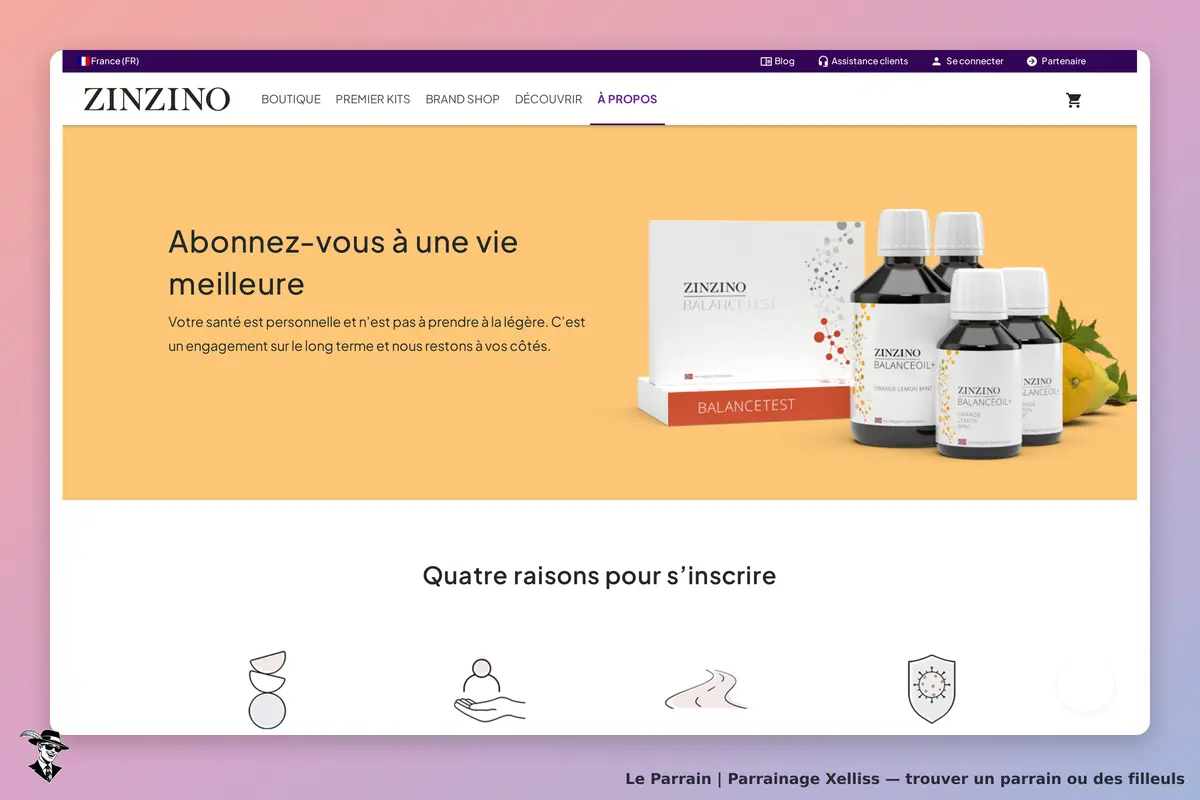 Xelliss : zINZINO : page d'accueil avec produits et texte sur l'abonnement à une vie meilleure