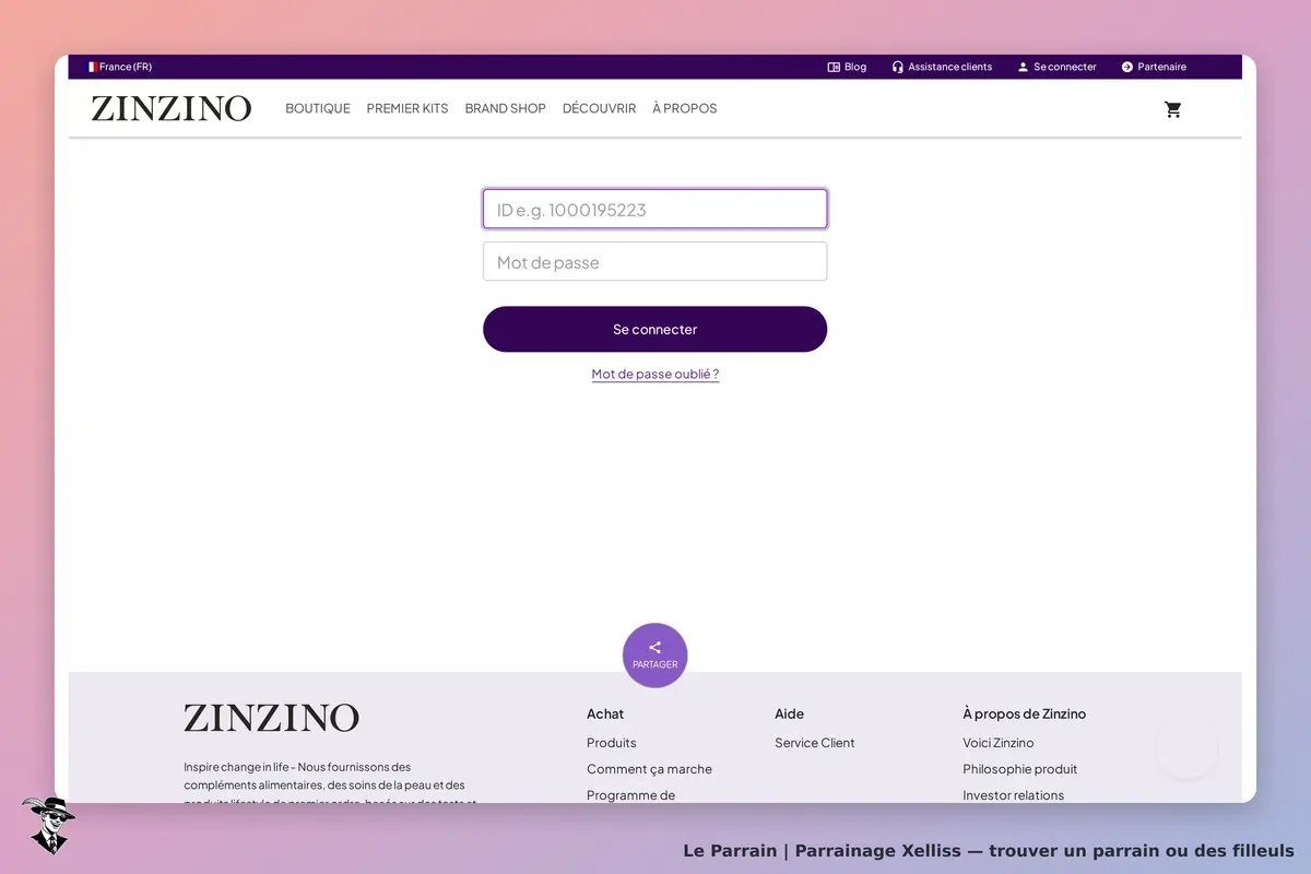 Xelliss : zinzino : page de connexion avec champs pour ID et mot de passe, bouton "Se connecter"