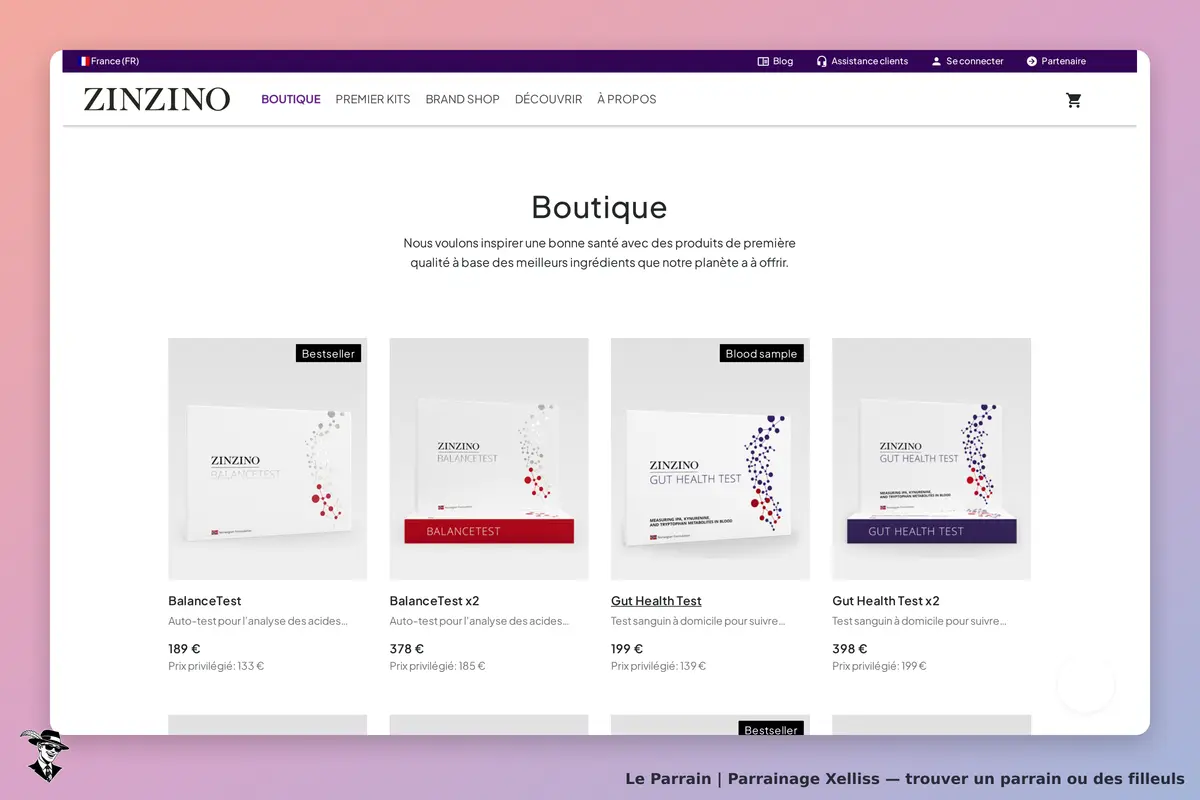 Xelliss : zinzino : page de la boutique avec plusieurs tests de santé présentés en vignettes