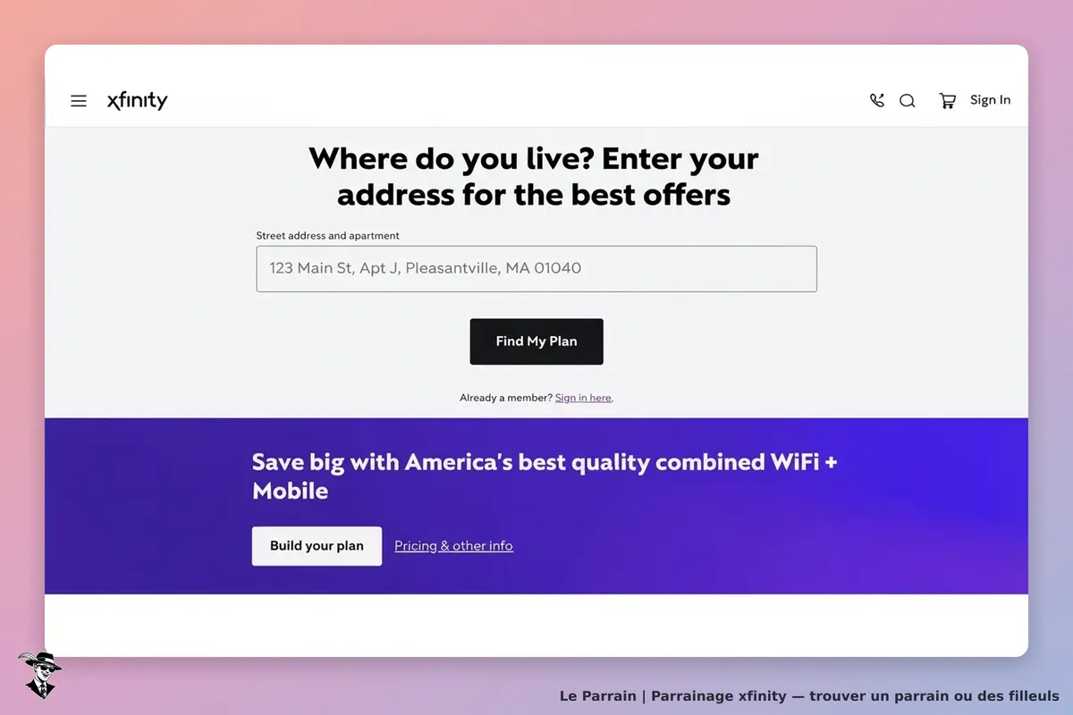 xfinity : formulaire pour entrer une adresse et trouver des offres, avec bouton "Find My Plan"