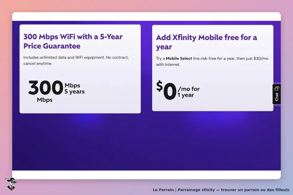 Xfinity : deux offres de WiFi et de mobile sur fond violet avec texte explicatif