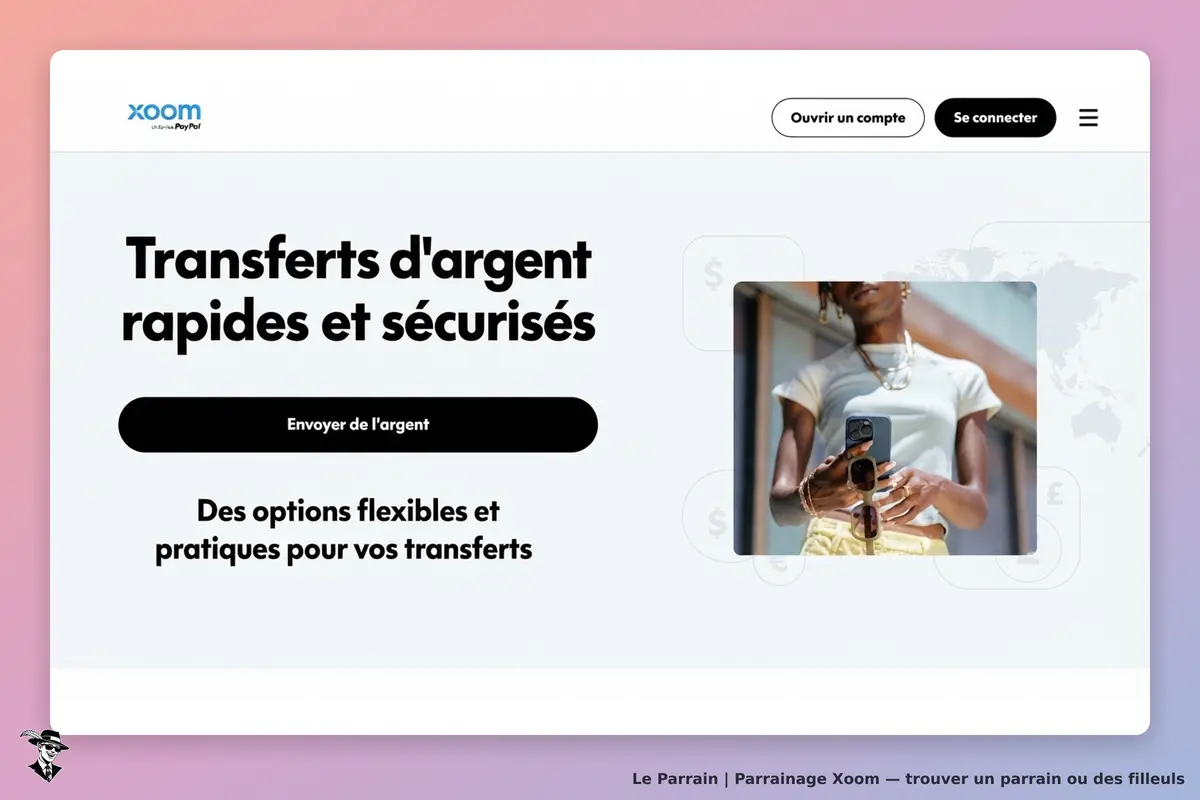 Xoom : page d'accueil avec options de transfert d'argent et image d'une personne tenant un