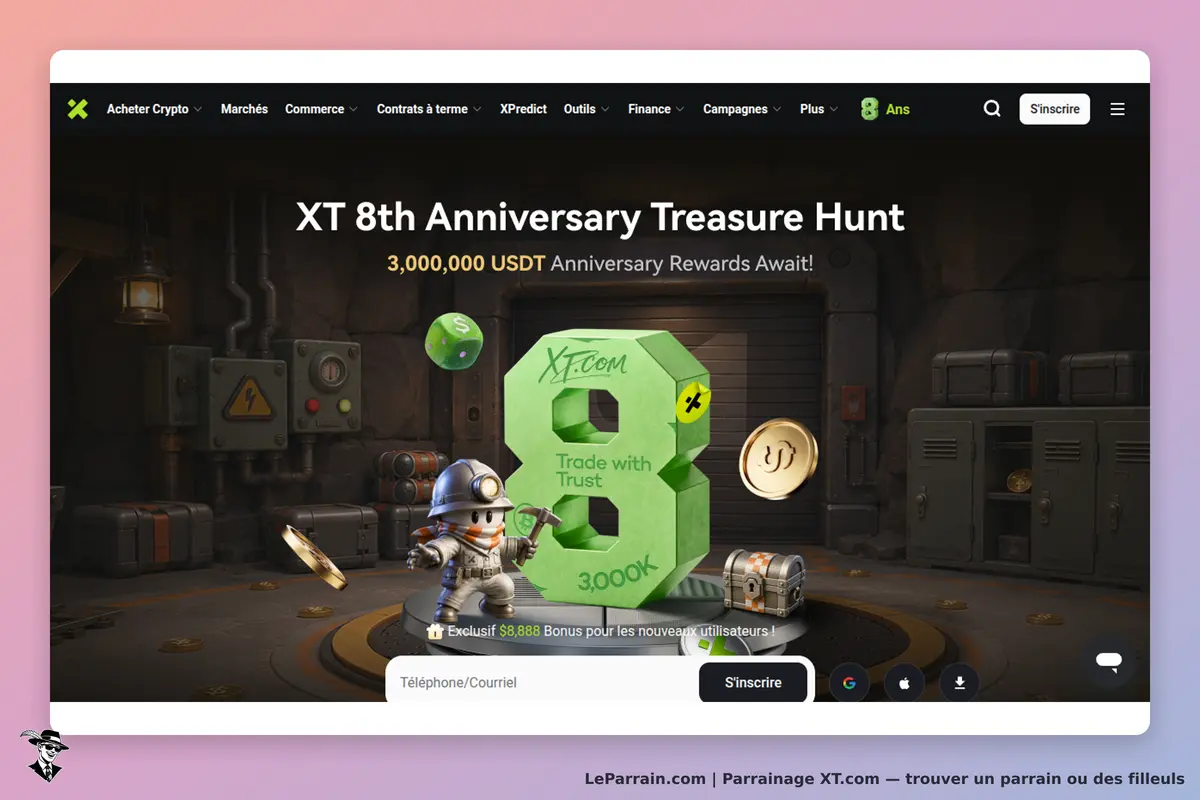 XT.com : page d'accueil avec un personnage de mineur et un trésor pour l'anniversaire de la