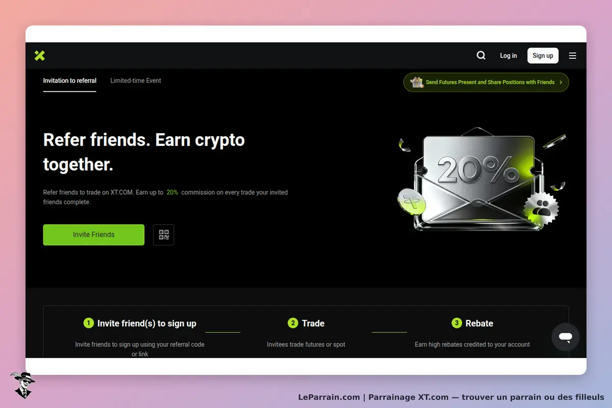 XT.com : invitation à un programme de parrainage avec étapes et bouton "Invite Friends"