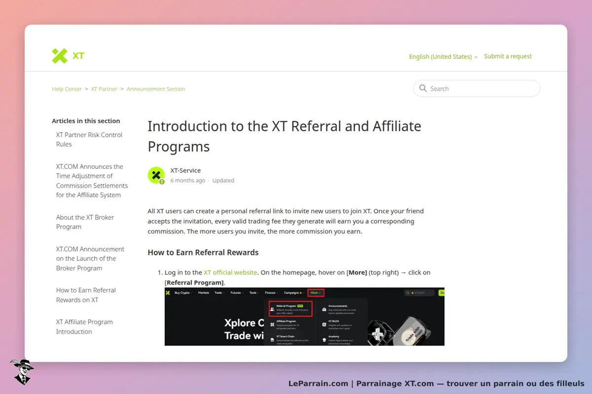XT : page d'introduction aux programmes de parrainage et d'affiliation sur le site XT.com
