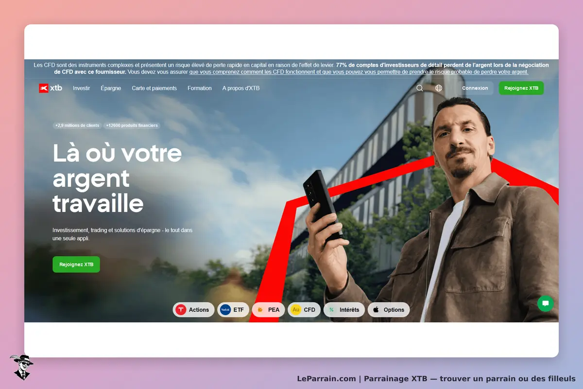 XTB : page d'accueil avec un homme tenant un téléphone, slogan sur l'argent et options