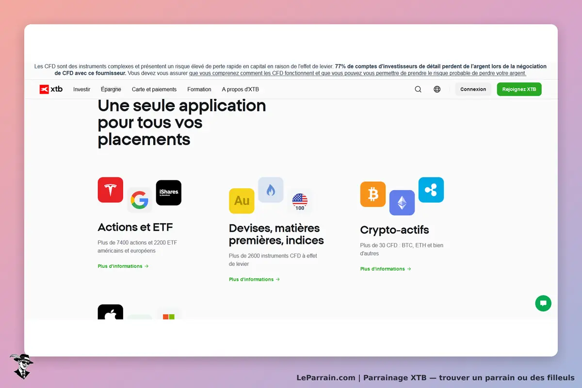 XTB : page d'accueil présentant des catégories d'investissement et des logos de produits financiers