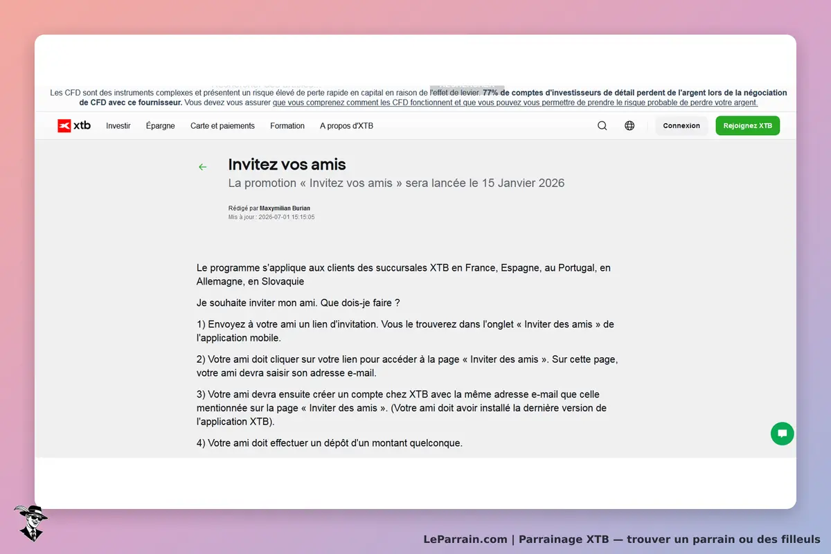 XTB : page d'information sur le programme « Invitez vos amis » avec instructions détaillées