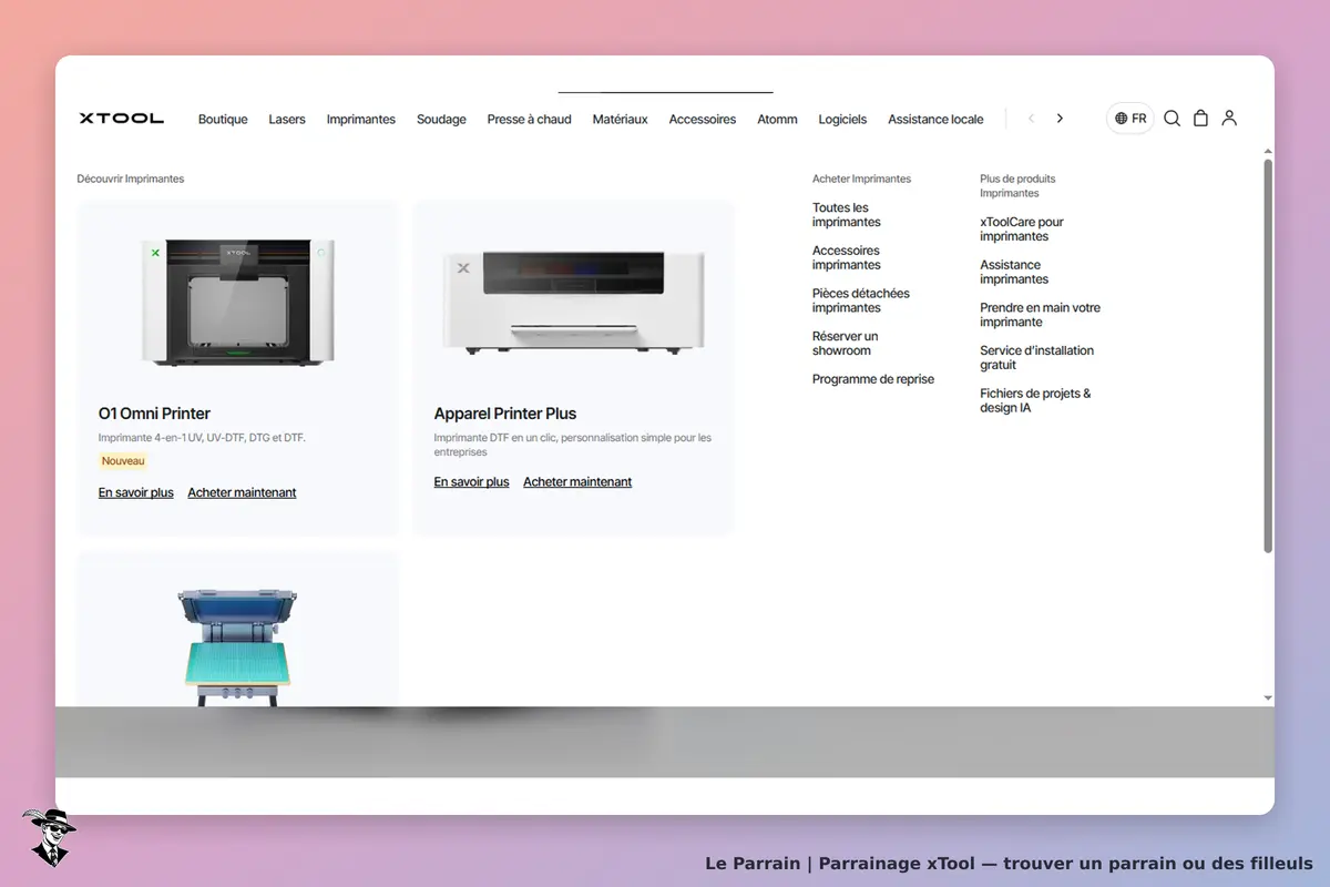 xTool : page d'accueil présentant plusieurs modèles d'imprimantes et des options d'achat