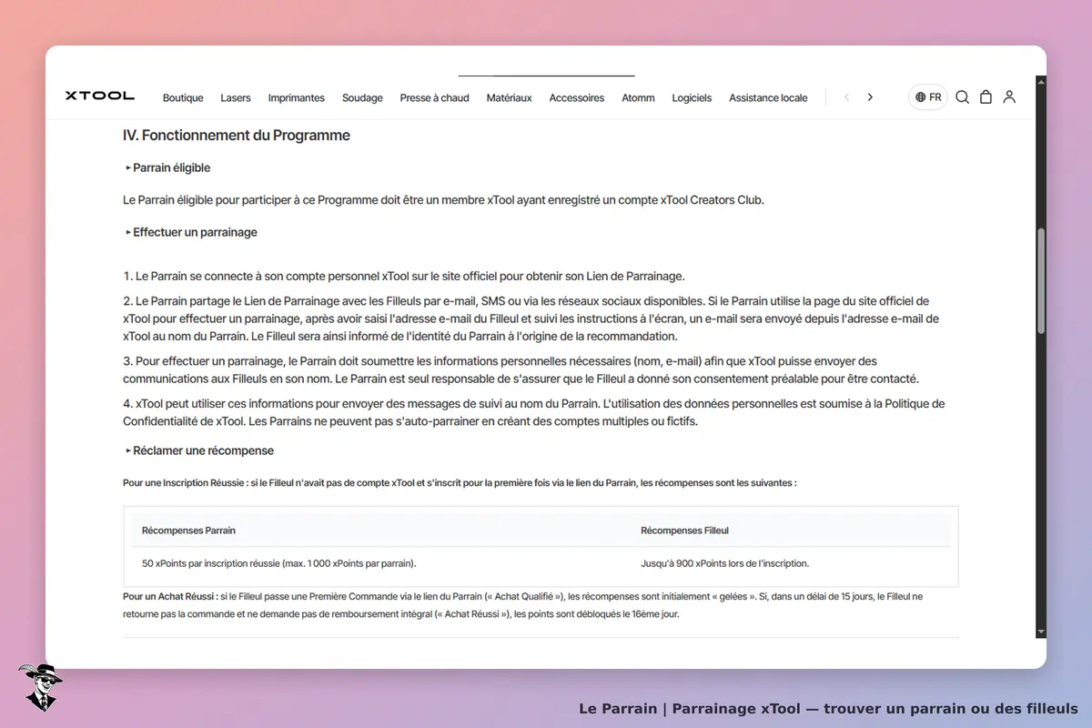 xTool : page expliquant le fonctionnement du programme de parrainage et conditions d'éligibilité