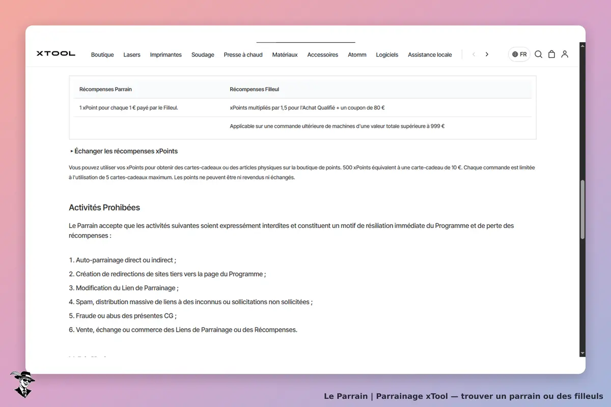 xTool : section sur les récompenses et activités interdites du programme de parrainage