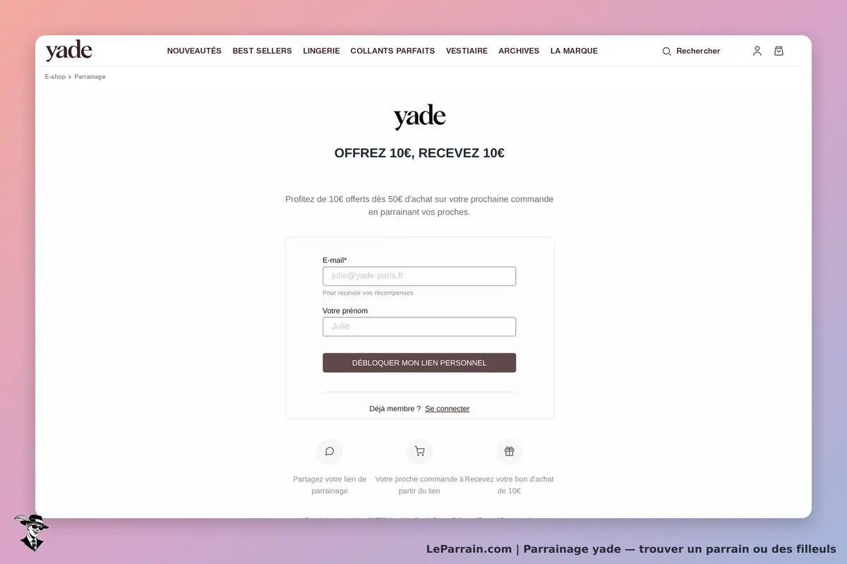yade : page de parrainage avec formulaire pour entrer un email et prénom