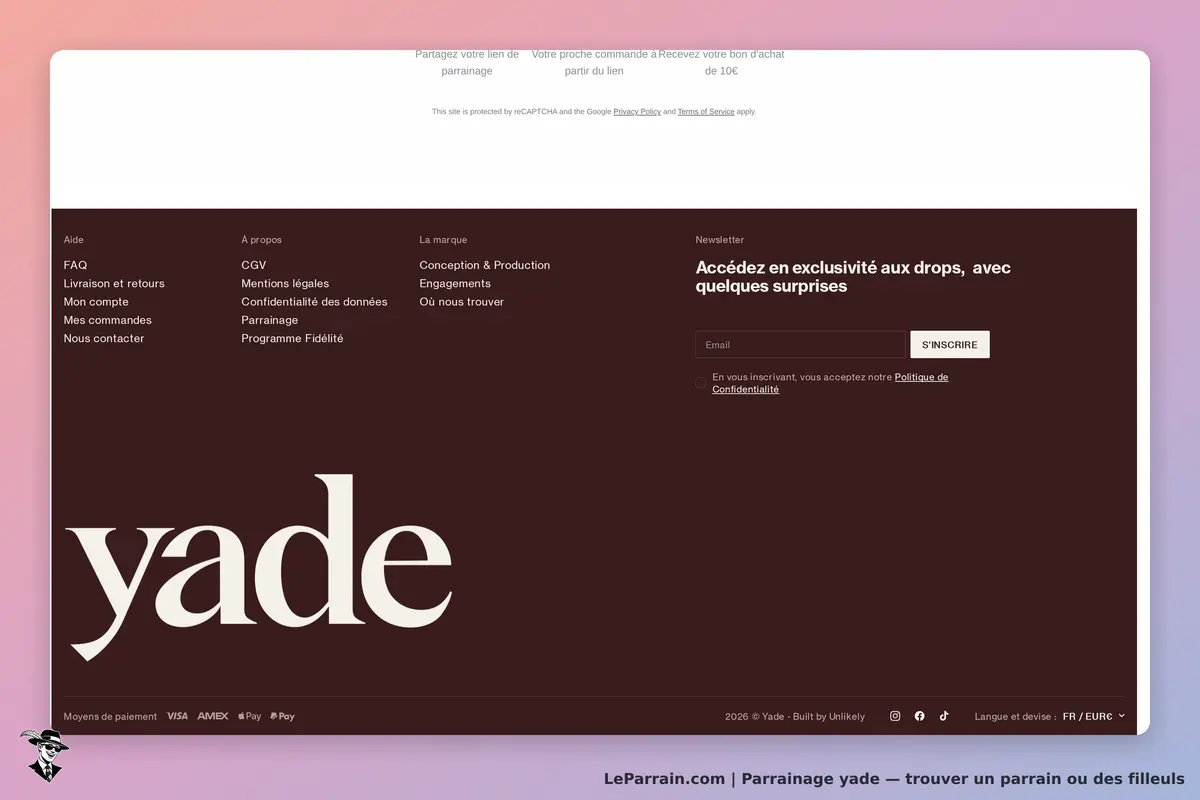 yade : bas de page avec liens d'aide, inscription à la newsletter et logo yade en grand