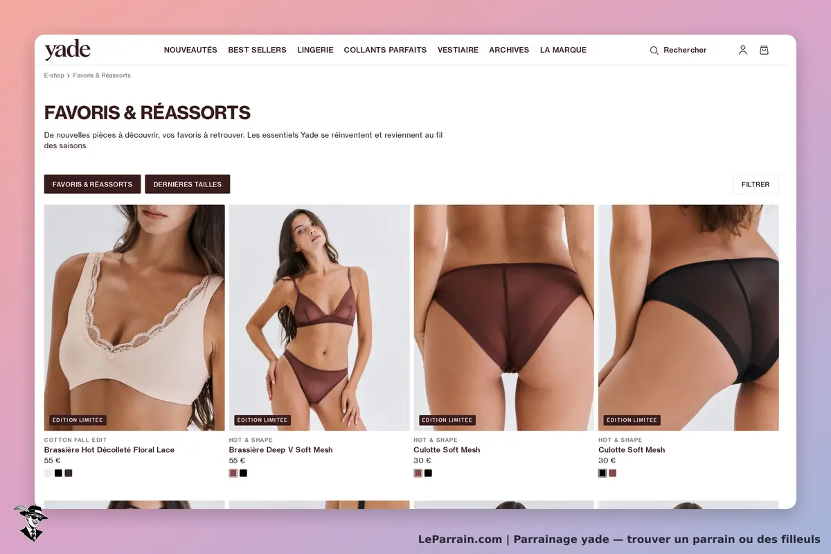 yade : page de catégorie avec des sous-vêtements féminins en édition limitée affichés
