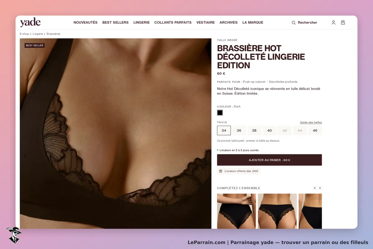 yade : affichage d'une brassière noire en tulle brodé avec options de taille et couleur