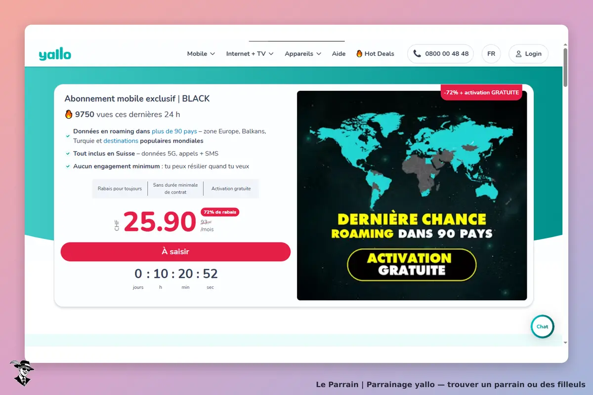 yallo : page d'accueil présentant un abonnement mobile avec un compte à rebours et une carte du