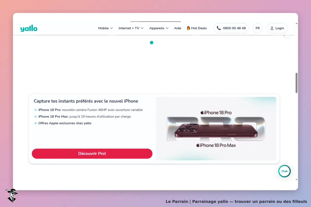 yallo : page d'accueil présentant l'iPhone 18 Pro et ses caractéristiques. Bouton "Découvrir Pro"