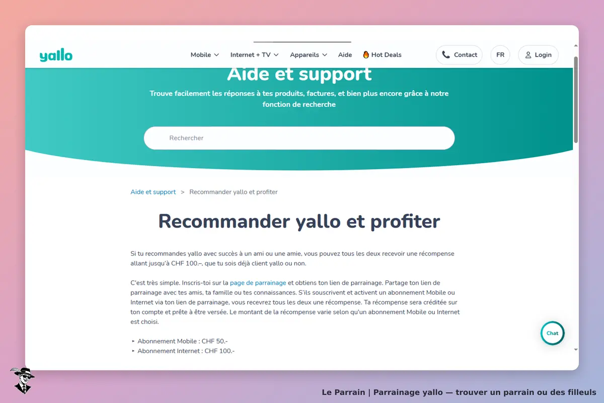yallo : page d'aide avec un formulaire de recherche et section sur le parrainage yallo