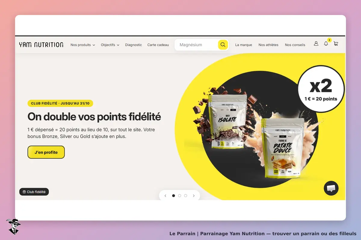 YAM NUTRITION : page d'accueil avec produits en vedette et promotion sur les points fidélité