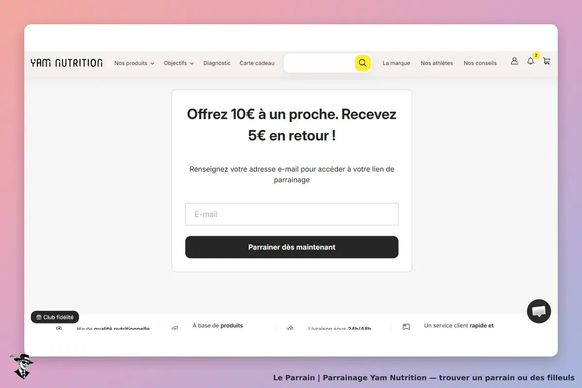 YAM NUTRITION : page d'accueil avec un formulaire de parrainage et une offre promotionnelle