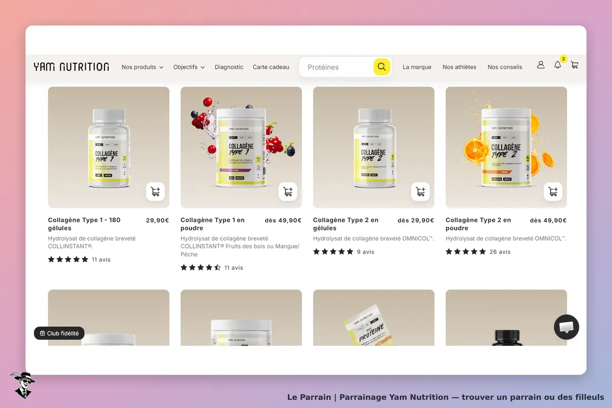 YAM NUTRITION : page d'accueil affichant divers produits de collagène en gélules et en poudre