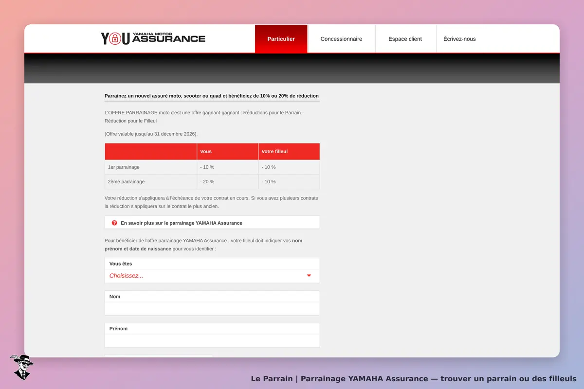 YAMAHA Assurance : page de parrainage avec formulaire pour indiquer nom et prénom du filleul