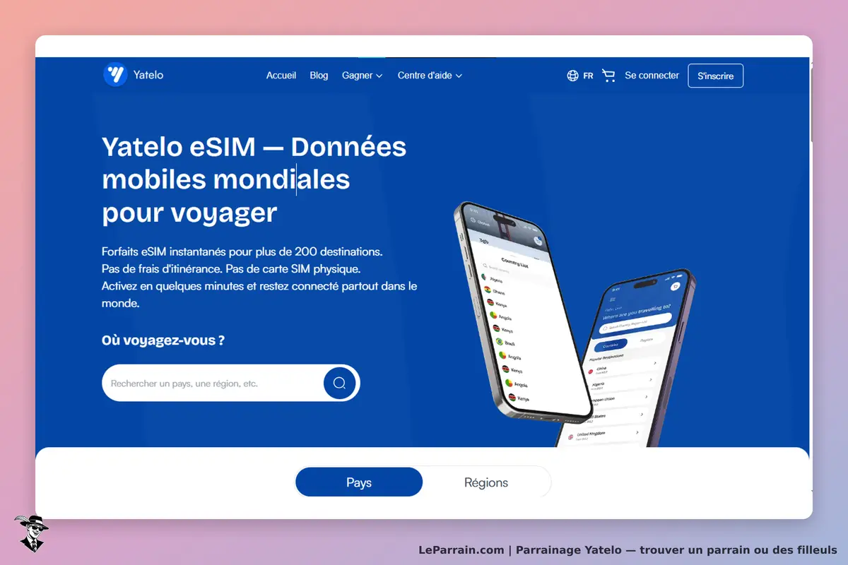 Yatelo : page d'accueil présentant l'eSIM et un champ de recherche pour les destinations