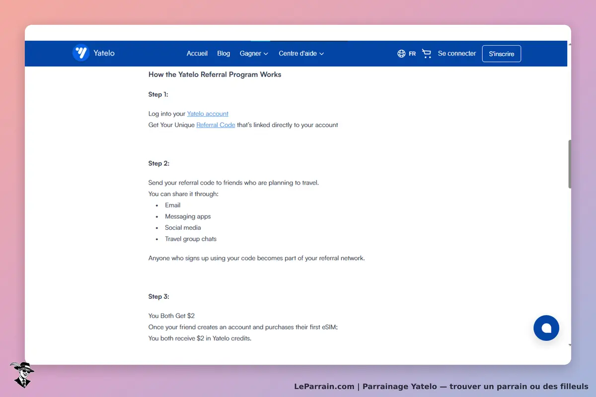 Yatelo : étapes du programme de parrainage avec instructions et options de partage