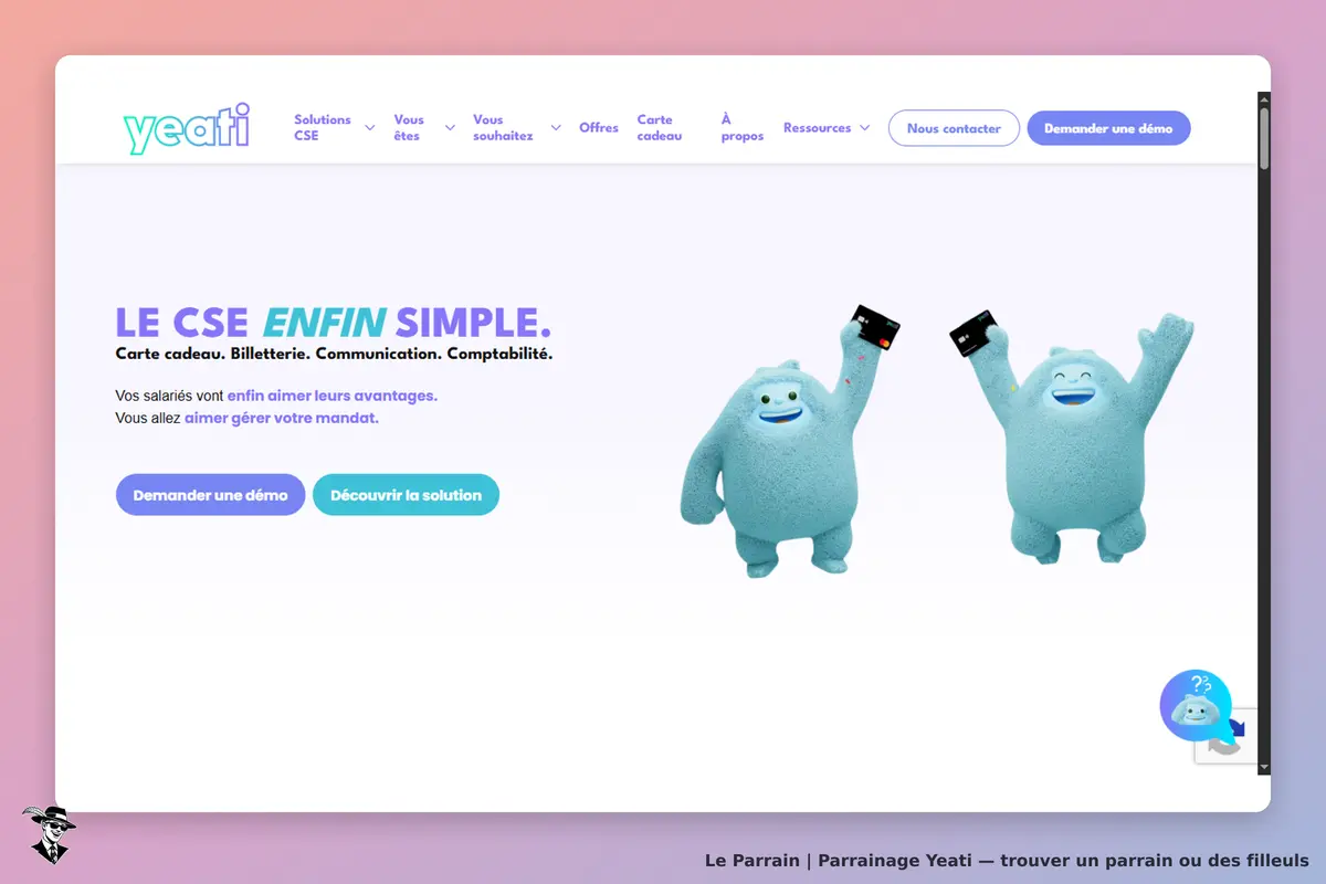 yeati : page d'accueil avec personnages animés et options pour demander une démo ou découvrir la