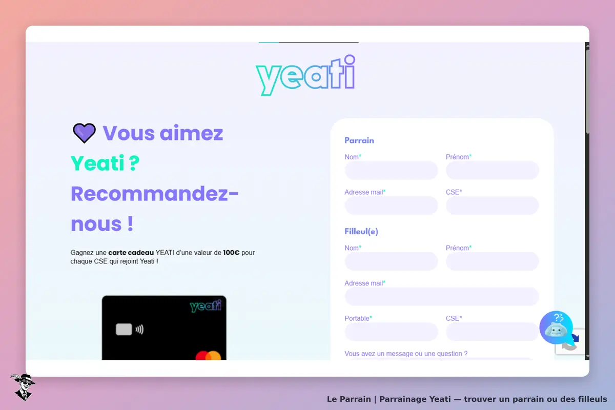 Yeati : page d'accueil avec formulaire de parrainage et carte cadeau Yeati affichée
