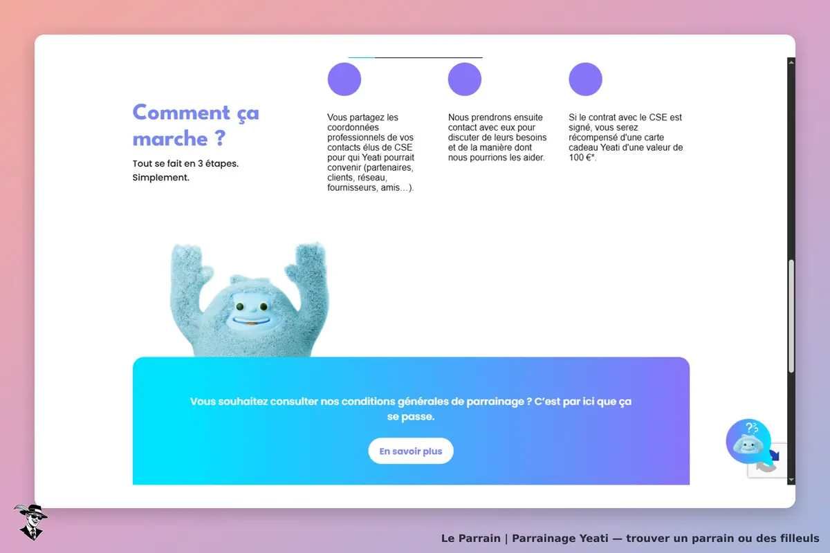 Yeati : présentation des étapes du parrainage avec un personnage bleu et un bouton d'information