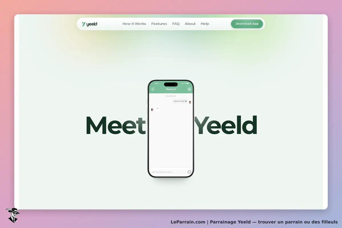 Yeeld : page d'accueil avec un smartphone affichant une conversation et le texte "Meet Yeeld"
