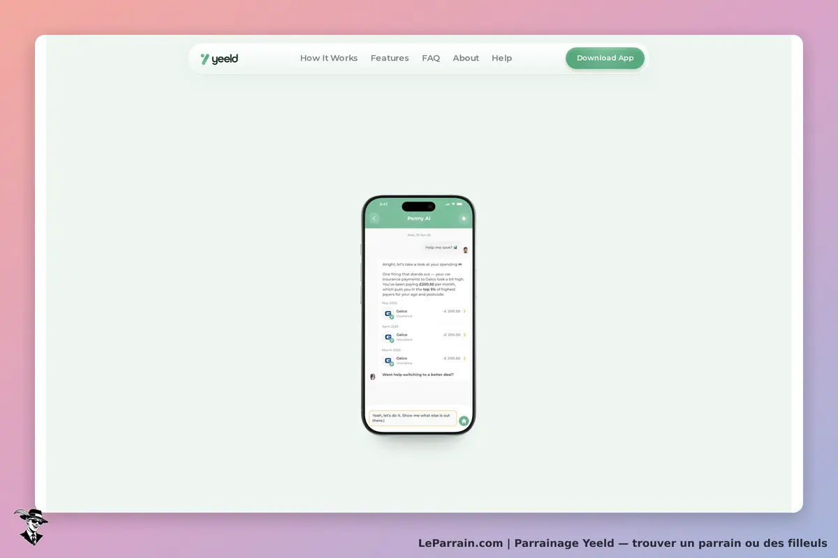 Yeeld : page d'accueil affichant un smartphone avec une conversation d'assistance virtuelle