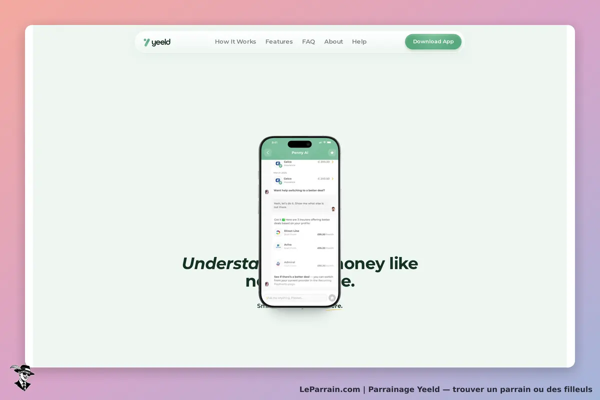 Yeeld : page d'accueil avec un smartphone affichant une interface de chat et un slogan