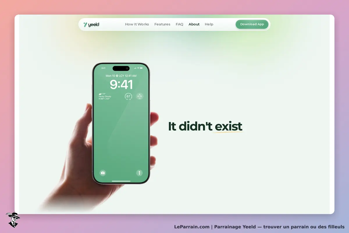 Yeeld : un smartphone affichant l'heure et la météo sur un fond dégradé. Texte en dessous