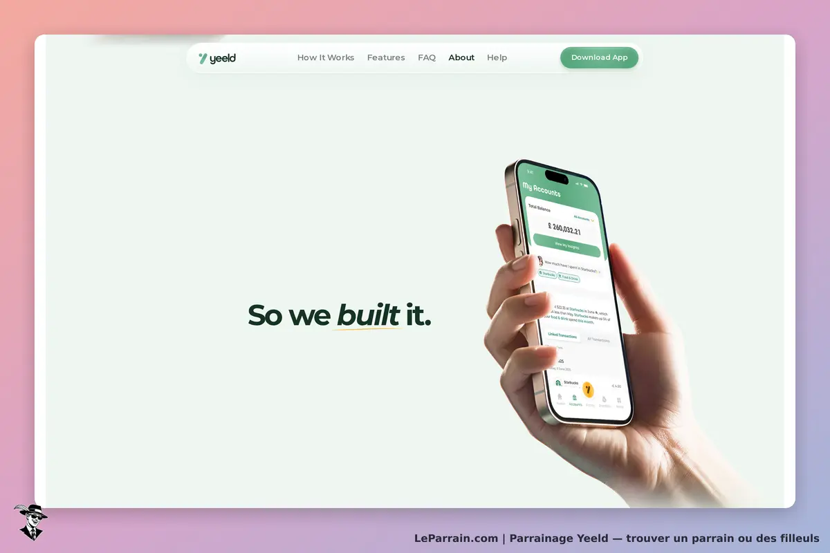 Yeeld : écran de téléphone affichant un solde total et le message "So we built it