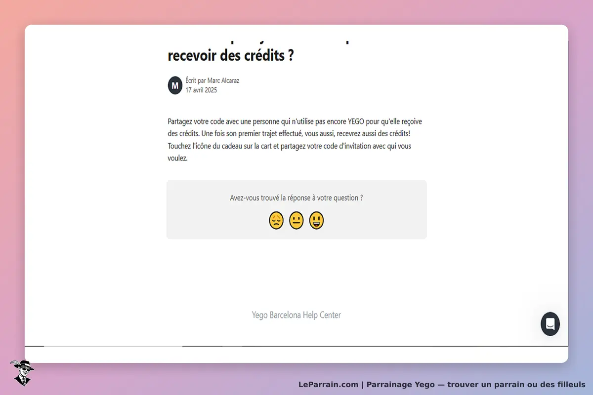 Yego : article d'aide sur le partage de code pour recevoir des crédits. Émojis de feedback