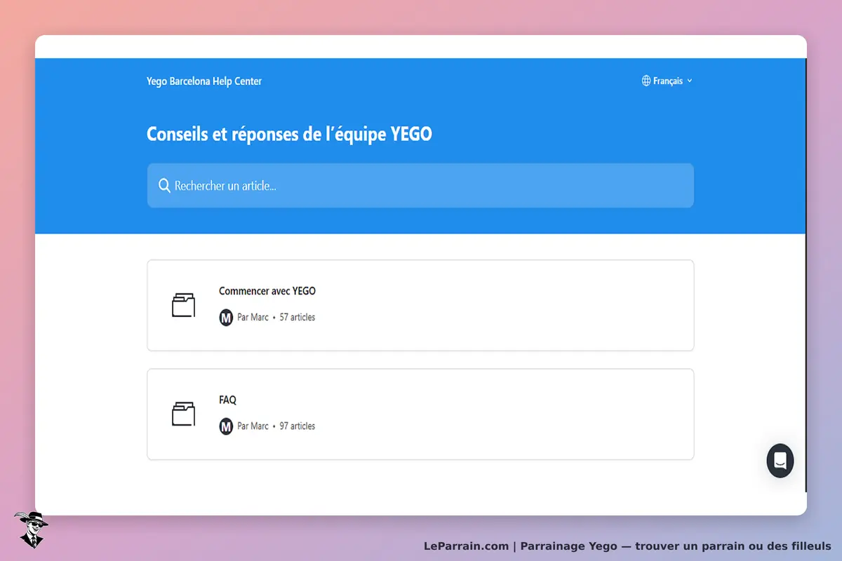 Yego : centre d'aide avec options de recherche et sections pour commencer et FAQ