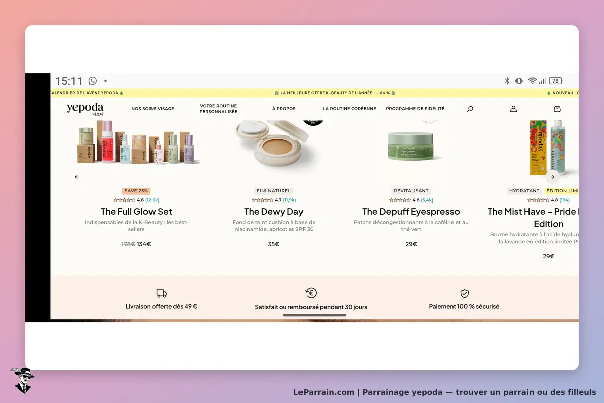 Yepoda : page d'accueil avec plusieurs produits de beauté affichés, évaluations et descriptions