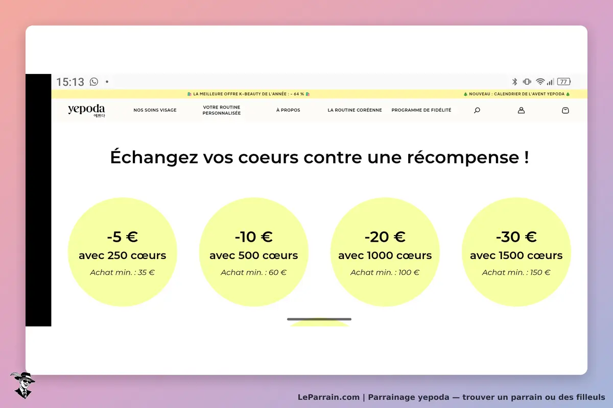 yepoda : page d'accueil avec des offres d'échange de coeurs contre des récompenses