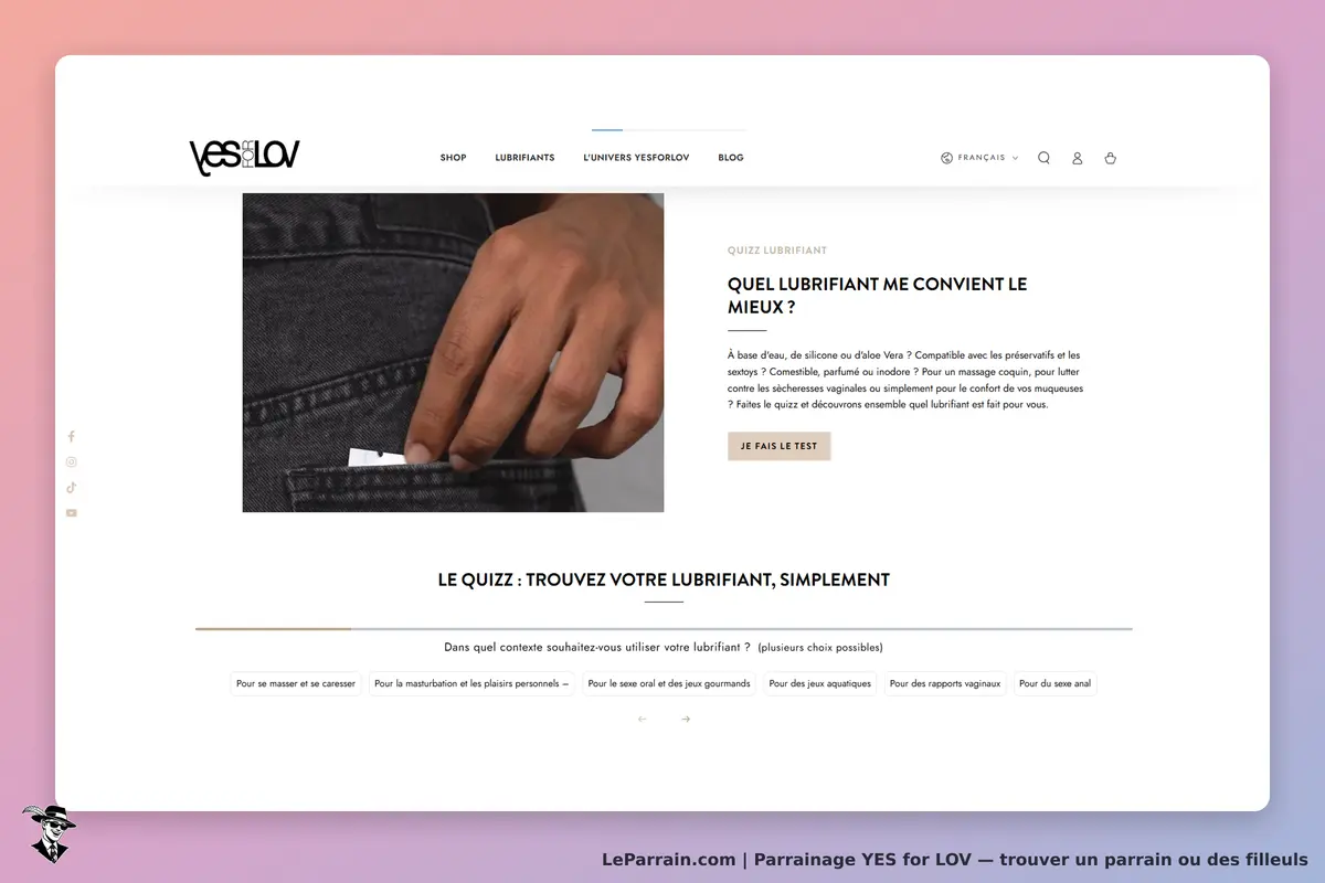 YES for LOV : page d'accueil avec un quiz sur les lubrifiants et une main dans une poche
