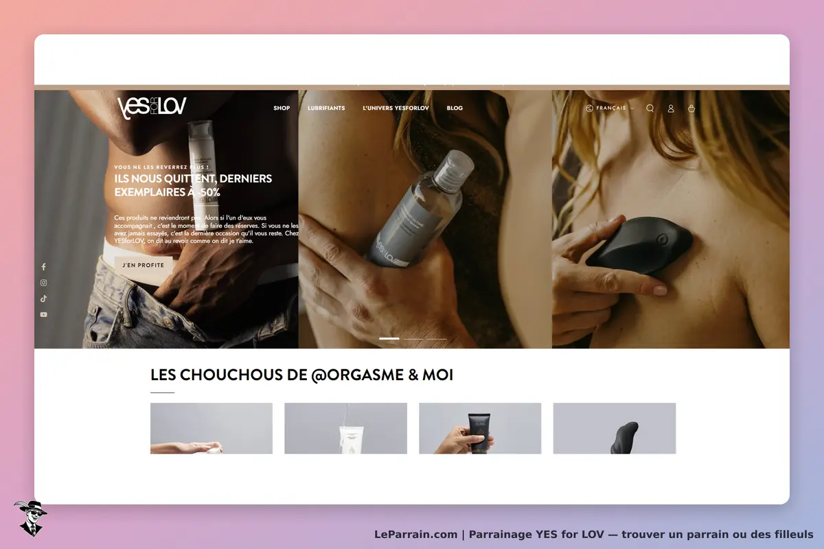 YES for LOV : page d'accueil présentant des produits et des images de personnes les utilisant