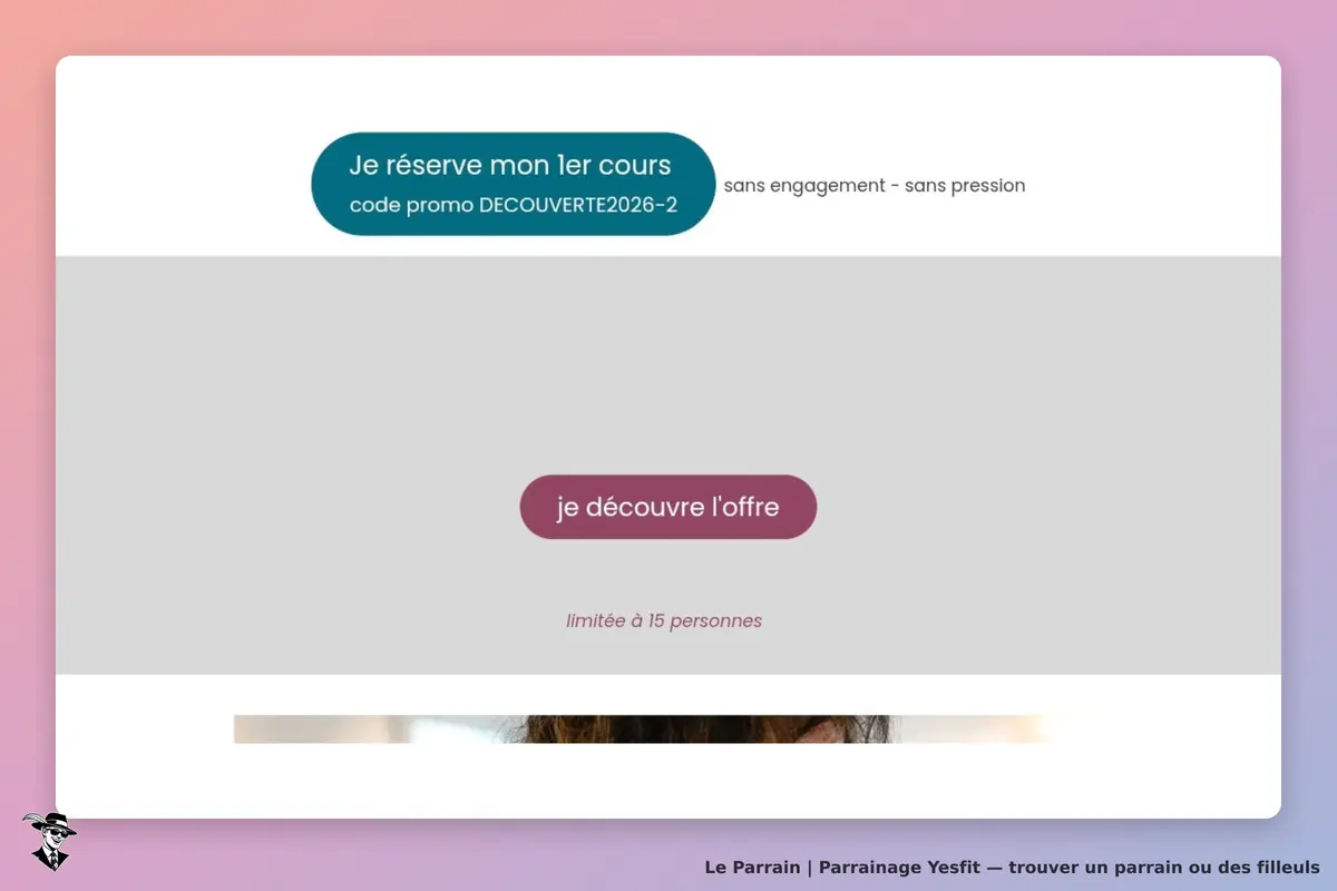 Yesfit : page d'accueil avec boutons pour réserver un cours et découvrir une offre limitée