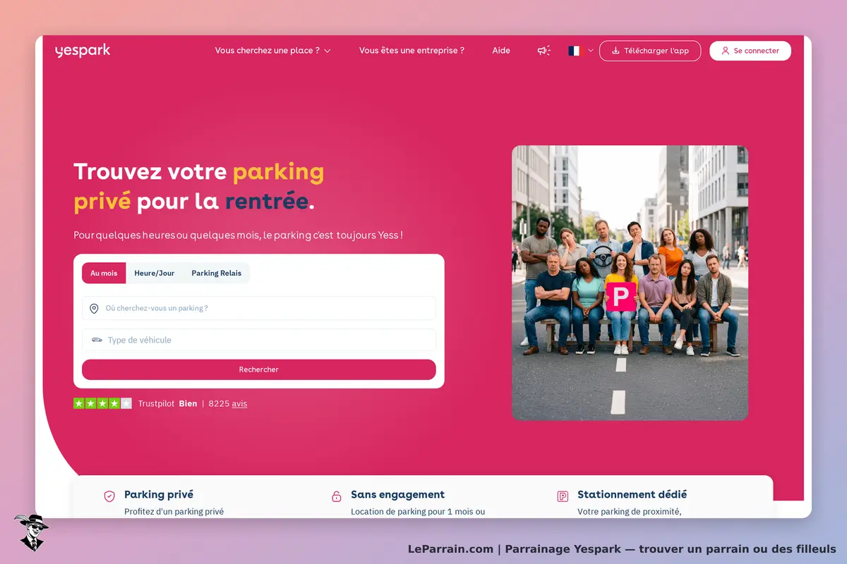 Yespark : page d'accueil avec formulaire de recherche de parking et groupe de personnes souriantes