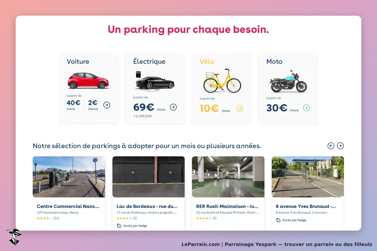 Yespark : page d'accueil présentant des options de parkings pour voiture, électrique, vélo et moto